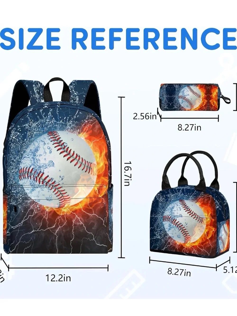 Kids Baseball Flames Backpack Set - 3pc Lunch tote Pencil pouch New